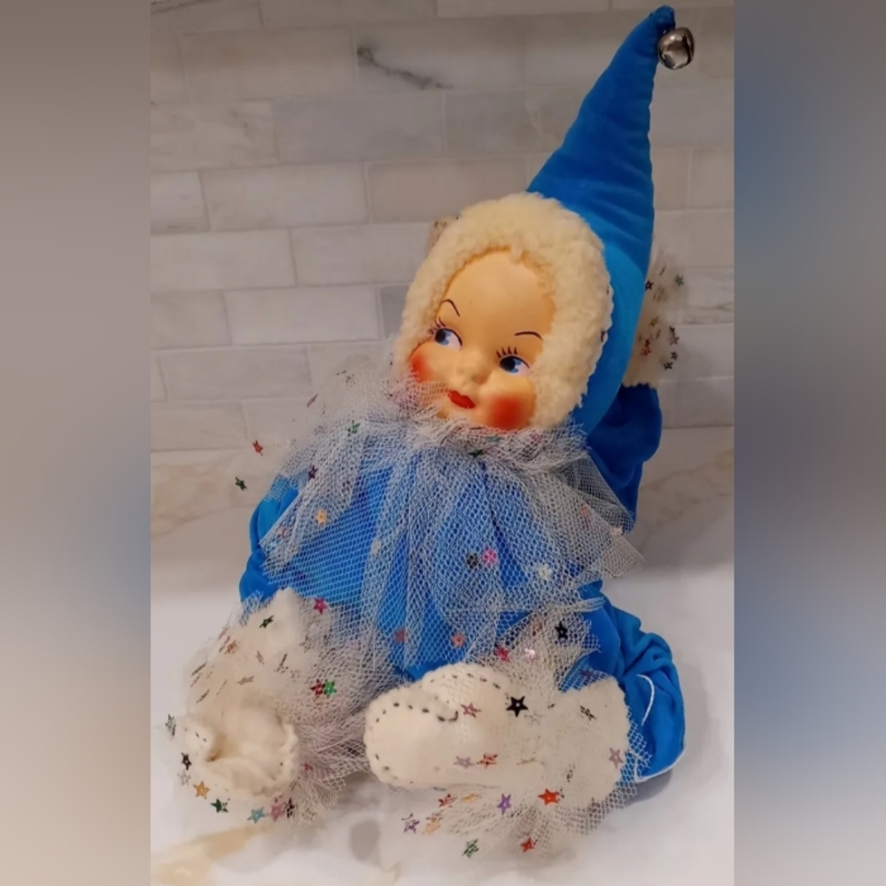 Vtg Christmas Pixie Elf Large Jester Doll 1950s 60s Era Bendable w/ Plastic Face